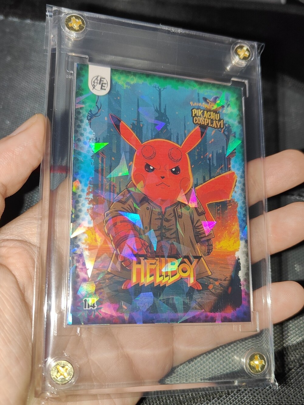 Hellboy holo encased Pikachu Cosplay card Unofficial Pokemon Peru